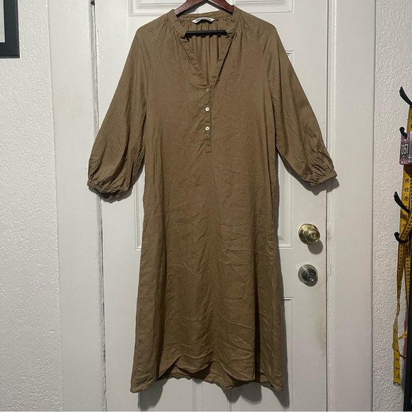 Zara Tan Boho Oversized Linen Midi Dress Size M - Picture 7 of 14